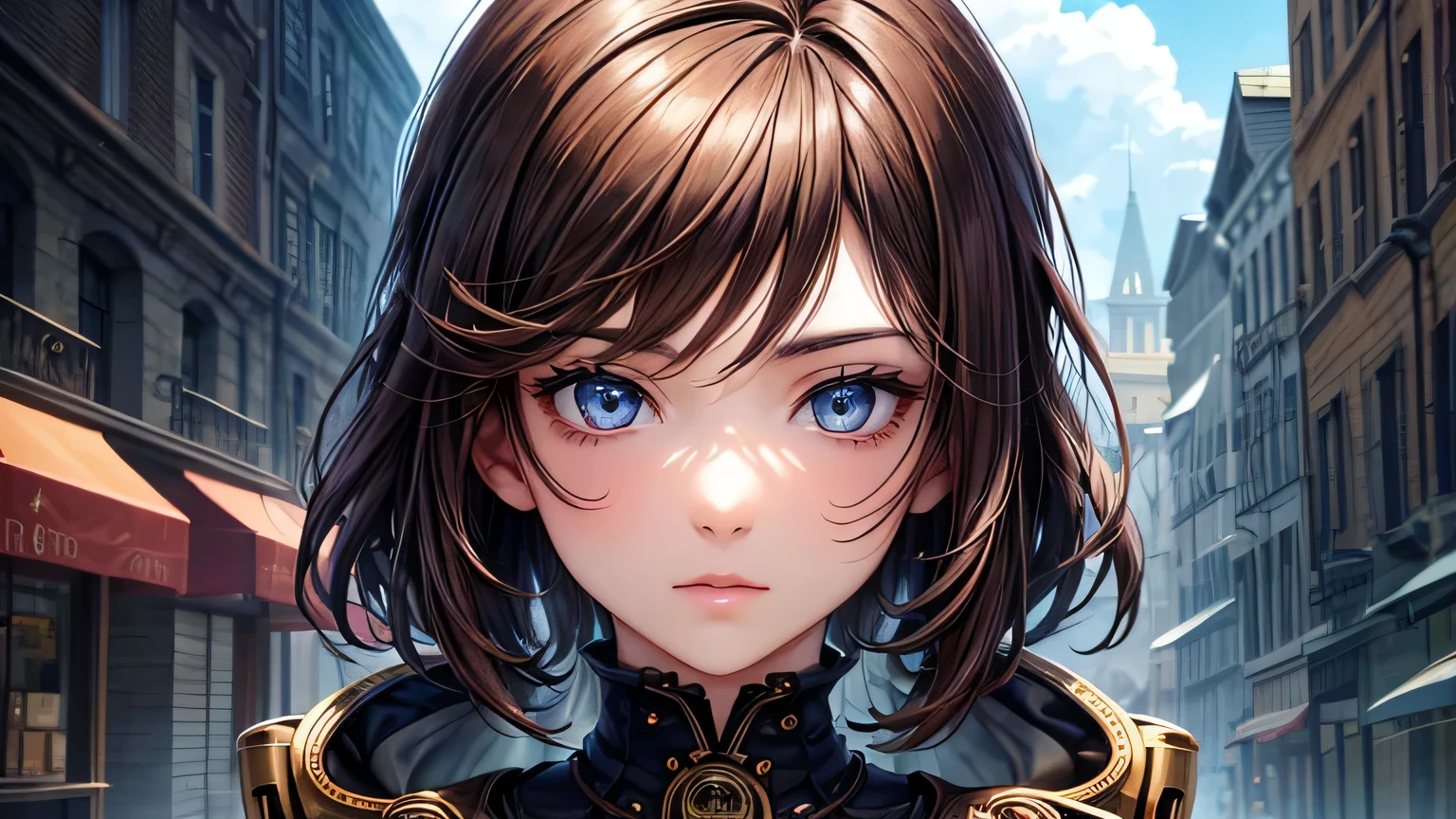 Beautiful woman 1.3, Beautiful brown short hair: 1.2, , Steampunk landscape: 1.2,In town: 1.1, Ultra-high resolution, Accurate, Super detailed, Textured skin, High detail, highest quality, 8k,Thin bangs,Upper Body,Well-drawn eyes, Focus on the face,steampunk outfit,Steampunk Gadgets,Detailed hair depiction,Detailed depiction of eyes、Detailed depiction of hair、vapor、Upper Body、spirit