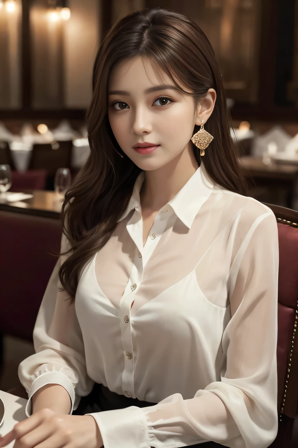 masterpiece, highest quality, Realistic, Very detailed, Finer details, High resolution, 8k wallpaper, One beautiful woman, Wear an elegant see-through shirt, In a great restaurant, At night, Light brown messy hair, Perfect dynamic composition, Beautiful and beautiful eyes、Big earrings、Sitting in a chair、