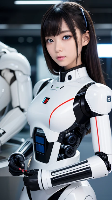 masterpiece, highest quality, Very detailed,8K Portrait,Japaese アンDroid girl,plump , Control panel,アンDroid,Droid,Mechanical Hand, robotの腕と脚, Black Hair,Blunt bangs,perfect robot girl,Long tube,A thick cable was attached to her neck.,アンDroid,robot,humanoid,cyborg,japanese cyborg girl ,robot-assembly plant,She is gathering now,Assembly scene,white robot body,blue eyes,