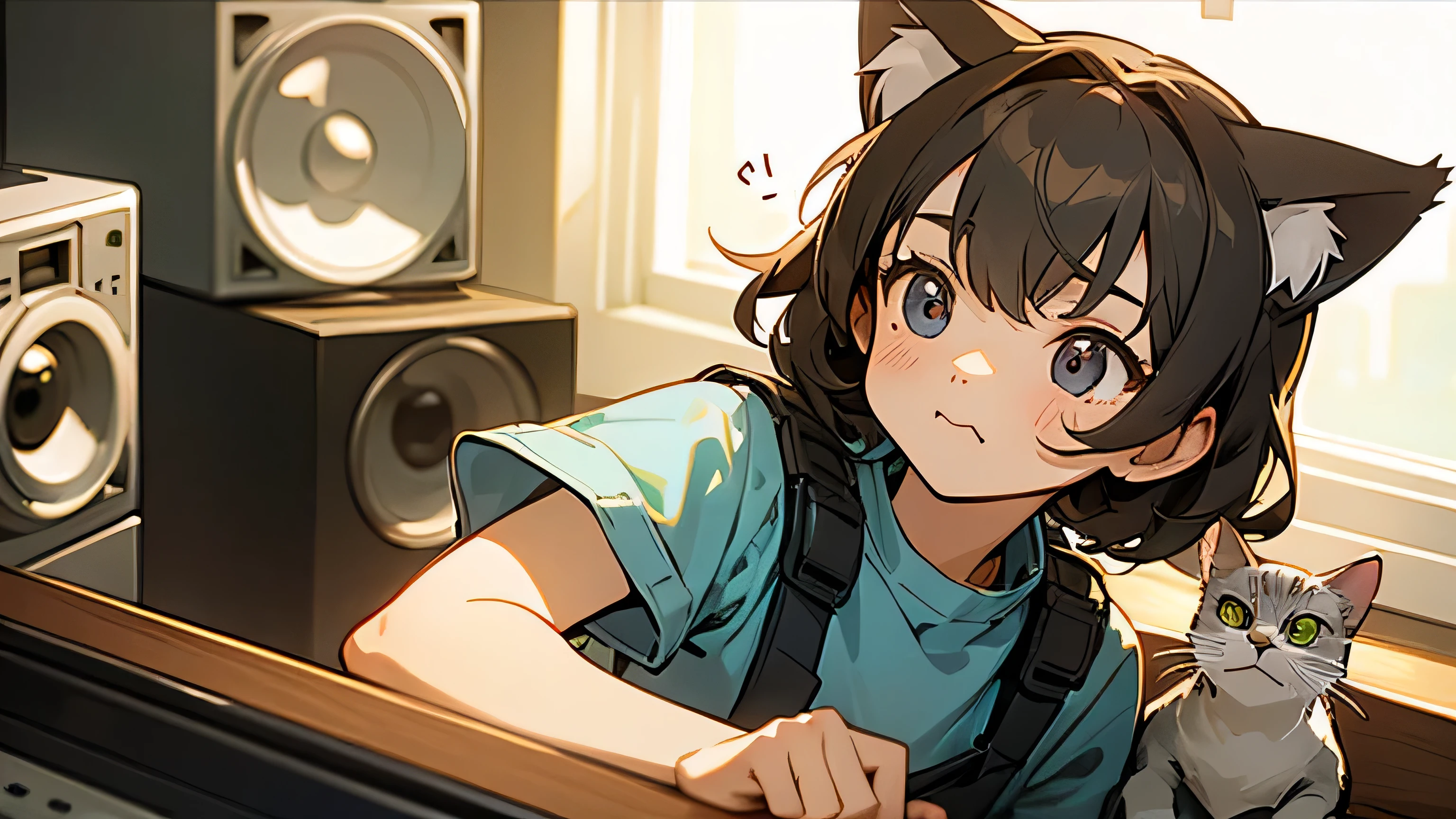 Room with speakers、Cute Cat、Upper body close-up、