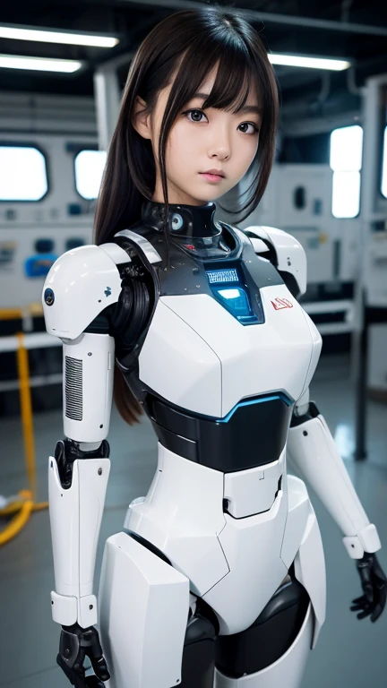 masterpiece, highest quality, Very detailed,8K Portrait,Japaese アンDroid girl,plump , Control panel,アンDroid,Droid,Mechanical Hand, robotの腕と脚, Black Hair,Blunt bangs,perfect robot girl,Long tube,A thick cable was attached to her neck.,アンDroid,robot,humanoid,cyborg,japanese cyborg girl ,robot-assembly plant,She is gathering now,Assembly scene,white robot body,blue eyes, 