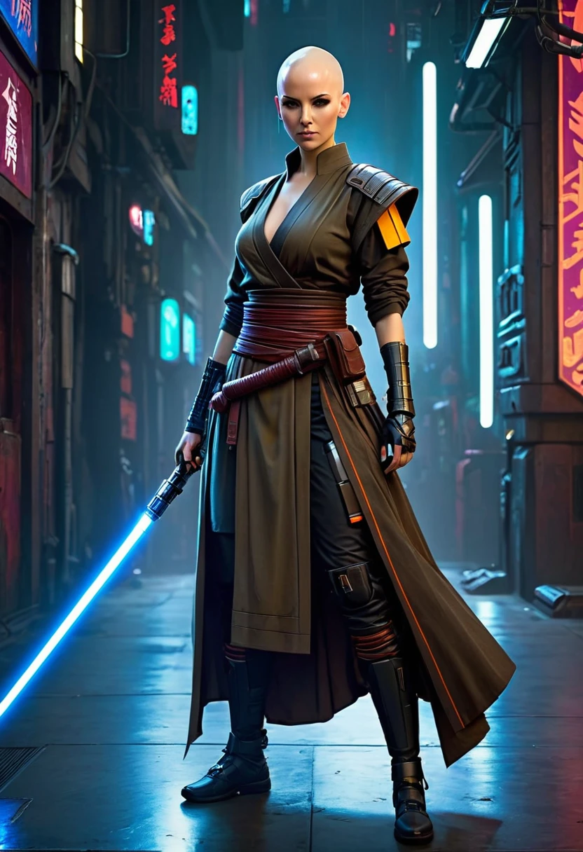 Jedi`s lightsaber,sh4g0d style cyberpunk female warrior,(Bald,monk:1.2),bushido,robe