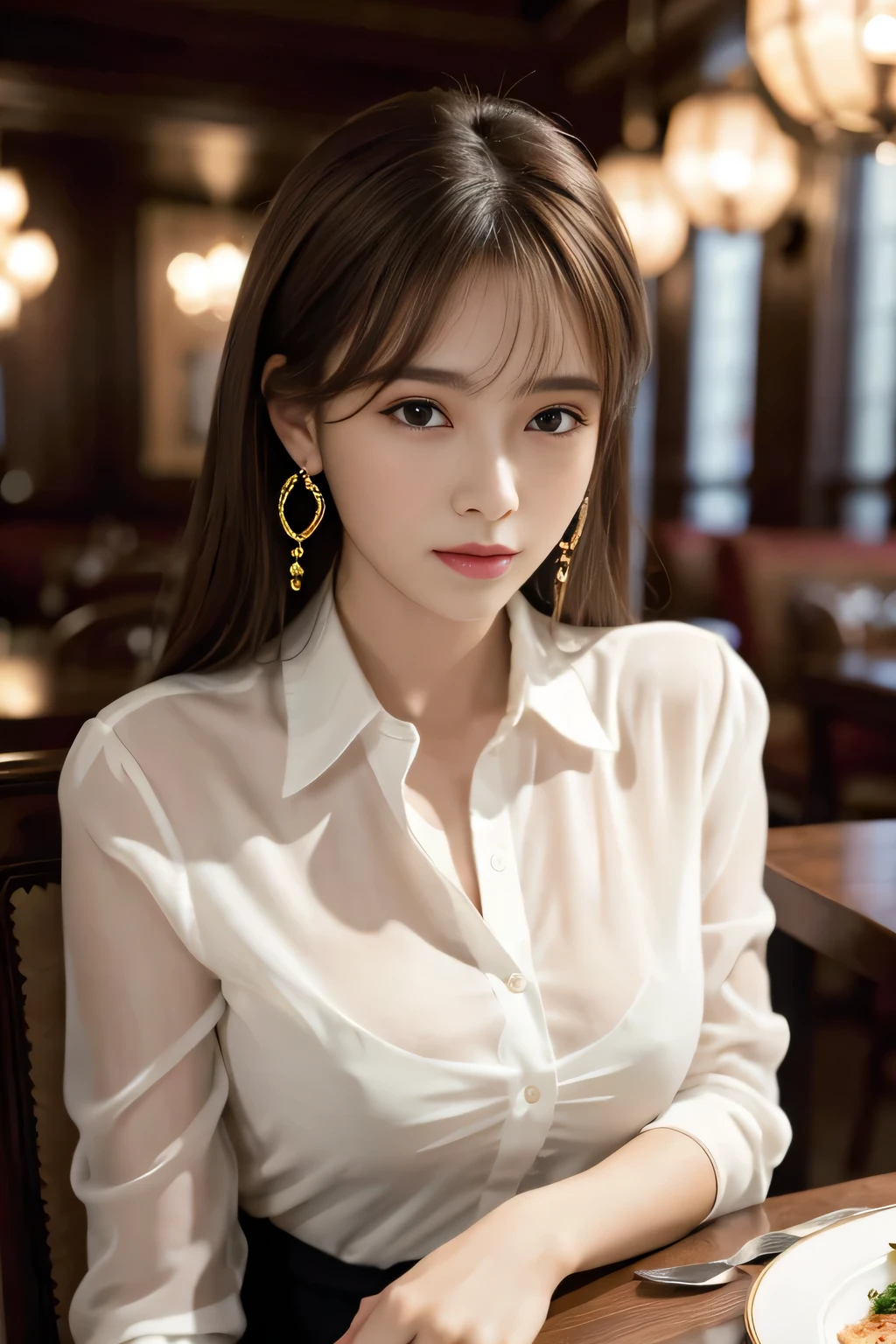 masterpiece, highest quality, Realistic, Very detailed, Finer details, High resolution, 8k wallpaper, One beautiful woman, Wear an elegant see-through shirt, In a great restaurant, At night, Light brown messy hair, Perfect dynamic composition, Beautiful and beautiful eyes、Big earrings、Sitting in a chair、