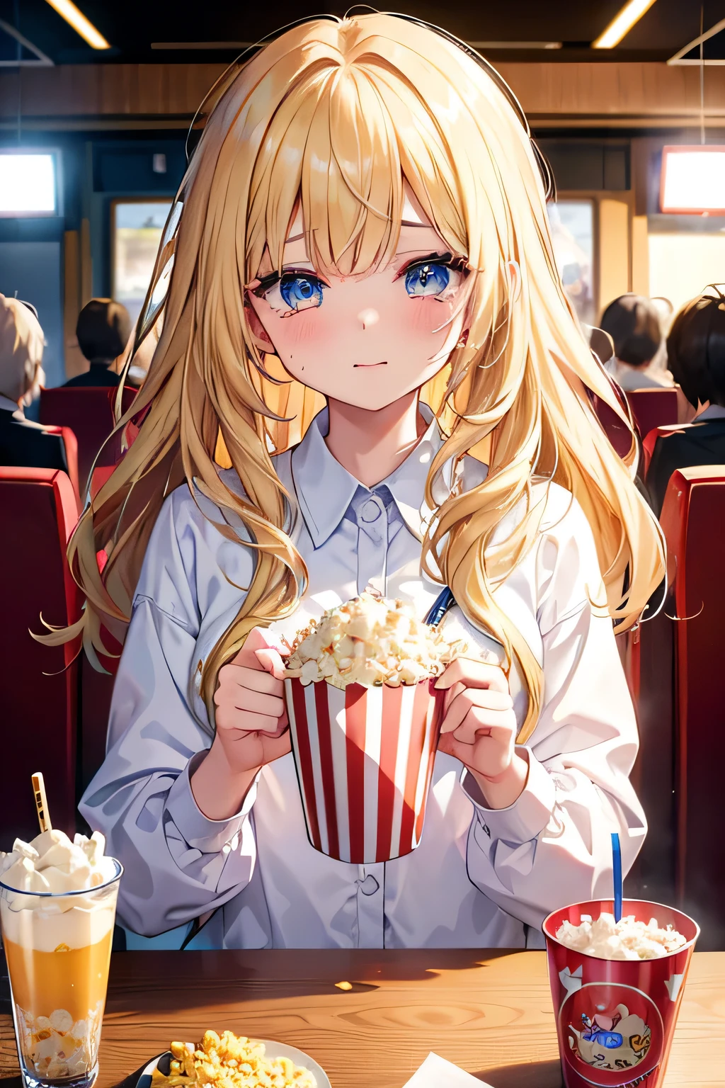((highest quality)), ((masterpiece)), (detailed), One girl, 8K、movie theatre、Straight Hair、blonde、cry、tears、Popcorn、juice、Hair doesn't stick out、Anatomically correct、Angle from the side、