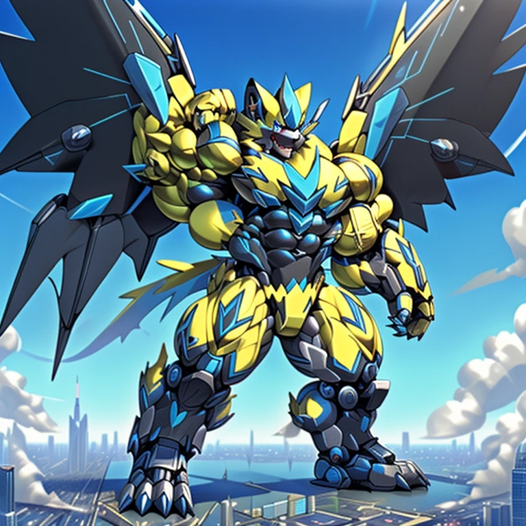 (dominating zeraora. Zeraora is over 1000 meters long. giant mechanical Muscular Zeraora is trampling the city. Looking down. macro. stomp)
(smoke and flames rising from the destruction in the city)
Additional details 1: (masterpiece. official art. 8k. best quality) (high-tech bio-mecha armor. real texture material. whole body shines like metal. Wearing cyberpunk mecha. emphasizes the muscles. suit fully made of metal. intricate armor. Robotic suit. suit fully made of metal. cyborg. Powered exoskeleton with the same design as Zeraora).
Additional details 2: (gigantic muscles. HYPER MUSCLES. Gigachad Muscular. big muscle. pecs. triceps. traps. unusually developed muscular body. body full of huge muscles. showing off muscles. pectorales enormes. Exaggeratedly huge muscles.).
Additional details 3: (Spread wings. It has wings. have big wings. golden wings.).