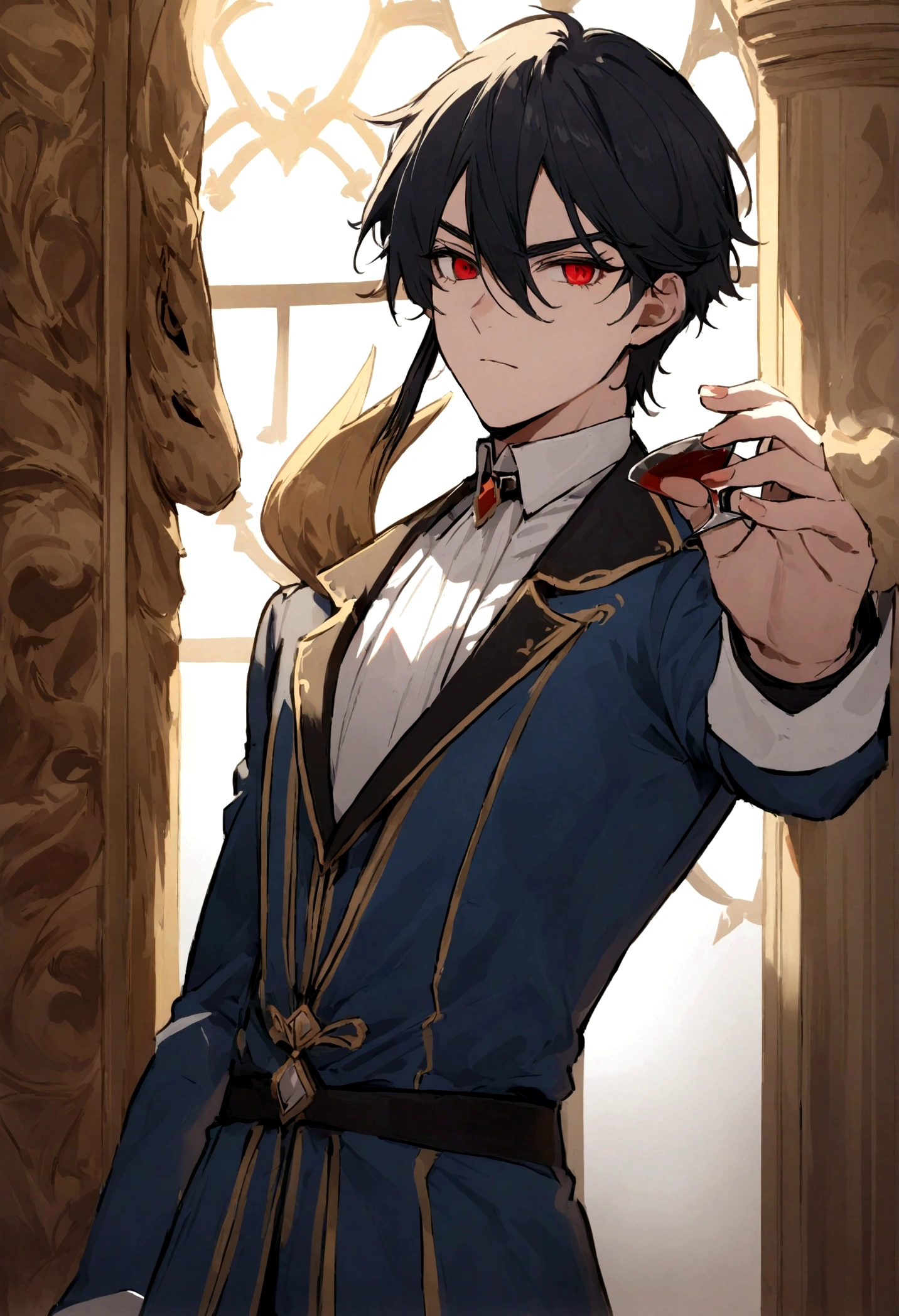In the magnificent office of the royal castle, situa-se o príncipe herdeiro Ceaser Drinks, a 27 year old young man with stunning appearance. Its physical size is imposing, standing out for its beauty and elegance. His striking, red eyes capture the attention of everyone who has the privilege of looking in his direction.. One of your eyebrows is always slightly raised, giving an air of mystery to your face.
Ceaser possui um nariz pequeno e bonito, harmonizando-se perfeitamente com sua boca
pequena. His thin face bears an expression of serenity and wisdom beyond his years.
Seus cabelos longos, smooth and black are carefully fastened, revelando um brinco longo e
vermelho que adiciona um toque de ousadia ao seu visual.
Vestido com roupas elegantes, Caesar wears an impeccable blue suit, combinado com um colete
e uma gravata vermelha que se destaca. Every detail in your outfit is designed to convey authority and sophistication..