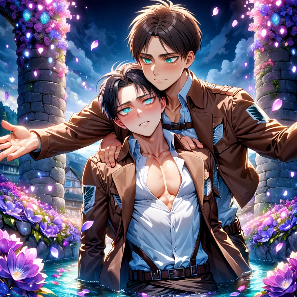 Ultra detailed, Highres, absurdres, HDR, master piece, Eren Jeager, brown hair, expressive turquoise eyes, Levi Ackerman, black hair, expressive silver eyes, Shingeki No Kyojin, two sexy man together, gay couple, love, extremely detailed eyes and face, water, purple flowers, purple fireflies, petals, fantasy, magic, best quality, sexy, toned chest, brown jacket, white shirt, handsome, yaoi, smiling