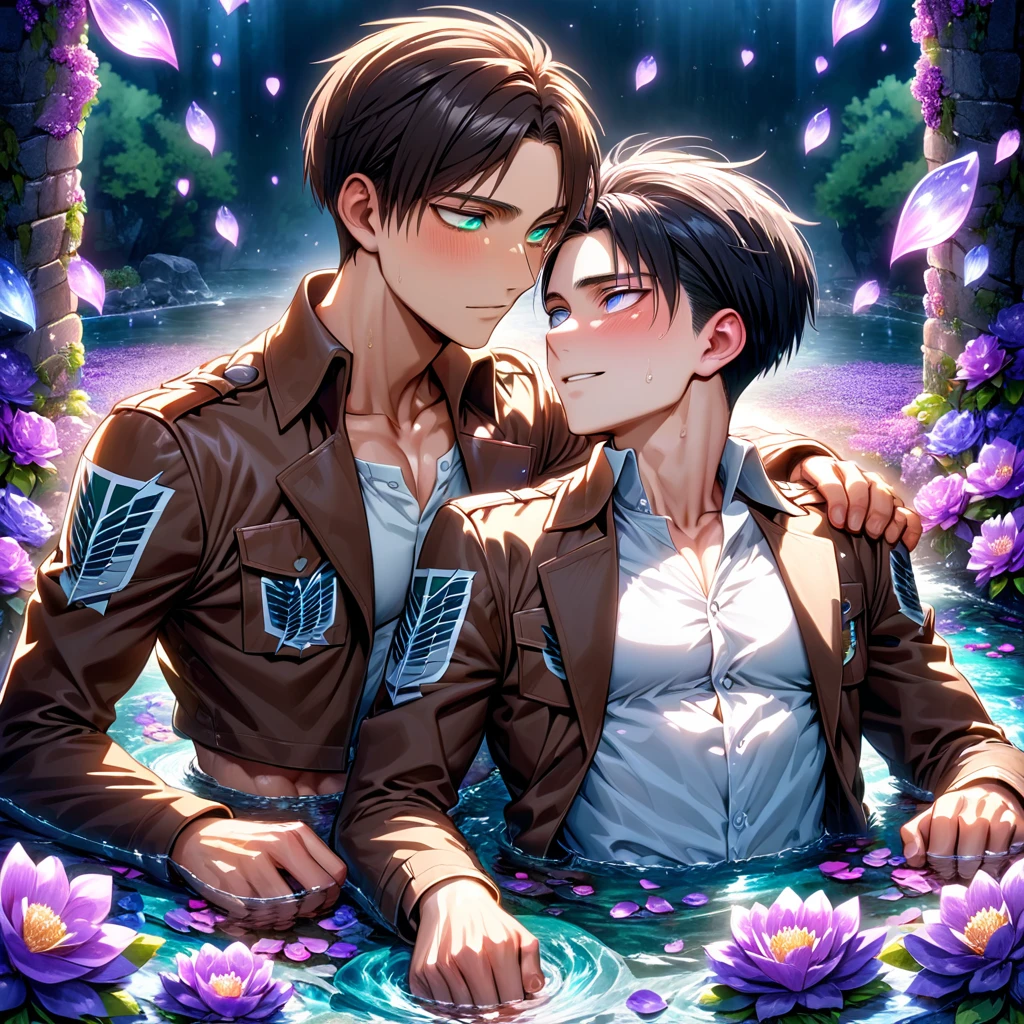 Ultra detailed, Highres, absurdres, HDR, master piece, Eren Jeager, brown hair, expressive turquoise eyes, Levi Ackerman, black hair, expressive silver eyes, Shingeki No Kyojin, two sexy man together, gay couple, love, extremely detailed eyes and face, water, purple flowers, purple fireflies, petals, fantasy, magic, best quality, sexy, toned chest, brown jacket, white shirt, handsome, yaoi, smiling