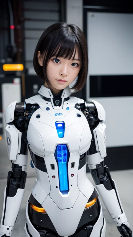 masterpiece, highest quality, Very detailed,8K Portrait,Japaese アンDroid girl,plump , Control panel,アンDroid,Droid,Mechanical Hand, robotの腕と脚, Black Hair,Blunt bangs,perfect robot girl,Long tube,A thick cable was attached to her neck.,アンDroid,robot,humanoid,cyborg,japanese cyborg girl ,robot-assembly plant,She is gathering now,Assembly scene,white robot body,blue eyes,