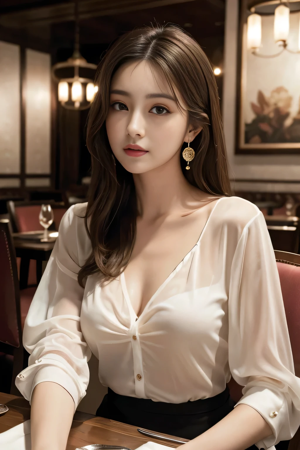 masterpiece, highest quality, Realistic, Very detailed, Finer details, High resolution, 8k wallpaper, One beautiful woman, Wear an elegant see-through shirt, In a great restaurant, At night, Light brown messy hair, Perfect dynamic composition, Beautiful and beautiful eyes、Big earrings、Sitting in a chair、