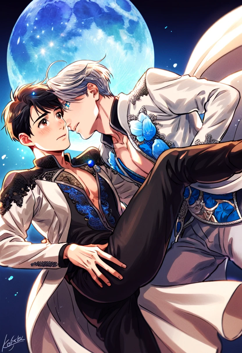 absurdres, highres, ultra detailed, HDR, master piece, best quality, Victor Nikiforov, gray hair, expressive blue eyes, yuri on ice!!!, Katsuki Yuuri, black hair, expressive brown eyes, two sexy men together, gay couple, yaoi, handsome, toned chest, black coat, white coat, black pants, blue moon, blue forest, blue fireflies, blue flowers, magical, fantasy