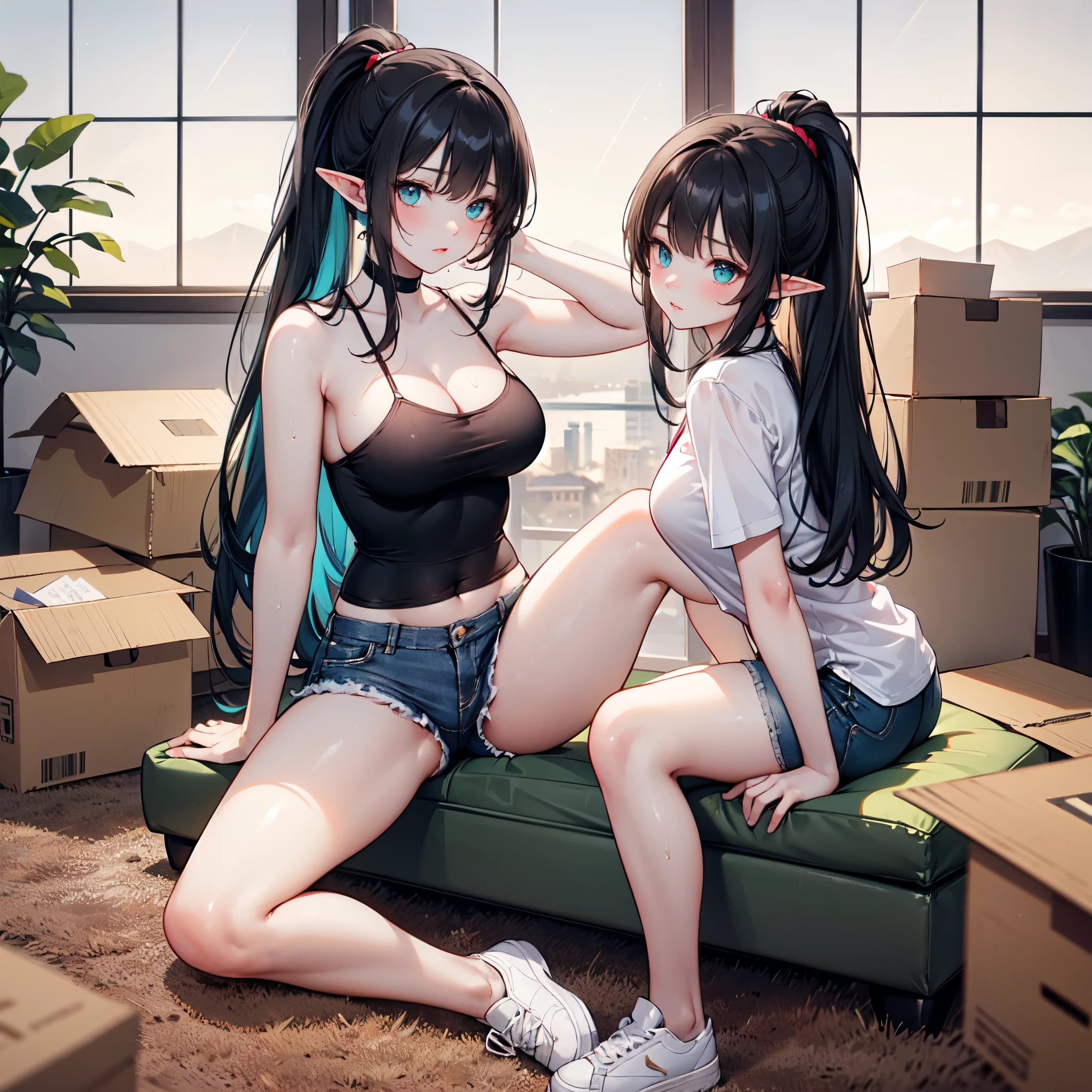 realistic image, detailed image, coherent image, 1 beautiful elf, she has very long hair, ponytail hairstyle, black hair, turquoise eyes, tired face, sweating, she is wearing some She is wearing a loose blouse, showing her navel , jean mini shorts, sneakers, She has a curvy body, medium breasts and thick thighs, She is sitting sensually, sitting on top of a cardboard box, arching her back, surrounded by mountains of cardboard boxes, looking at the boxes, inside a family room, dusk, twilight, Soft focus, full body view, Dramatic shadows, Volumetric lighting, natural lighting,