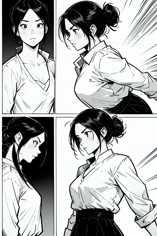 Girl with black hair in a bun fighting, manga page with panels and dialogue 