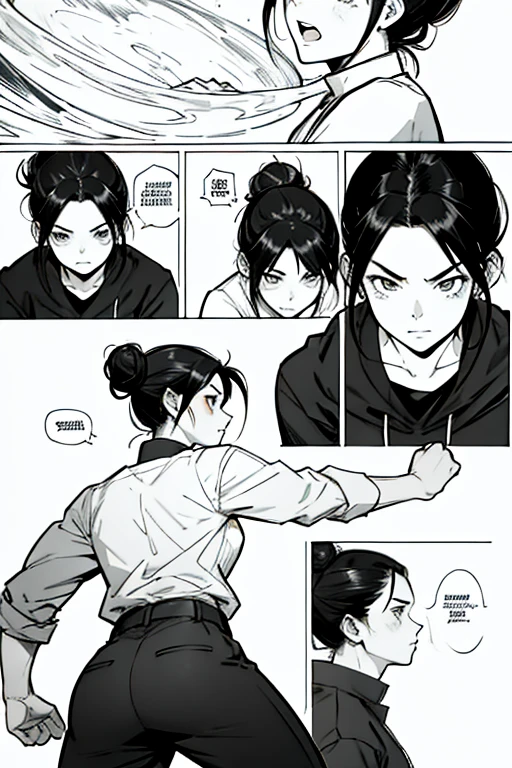Girl with black hair in a bun fighting, manga page with panels and dialogue