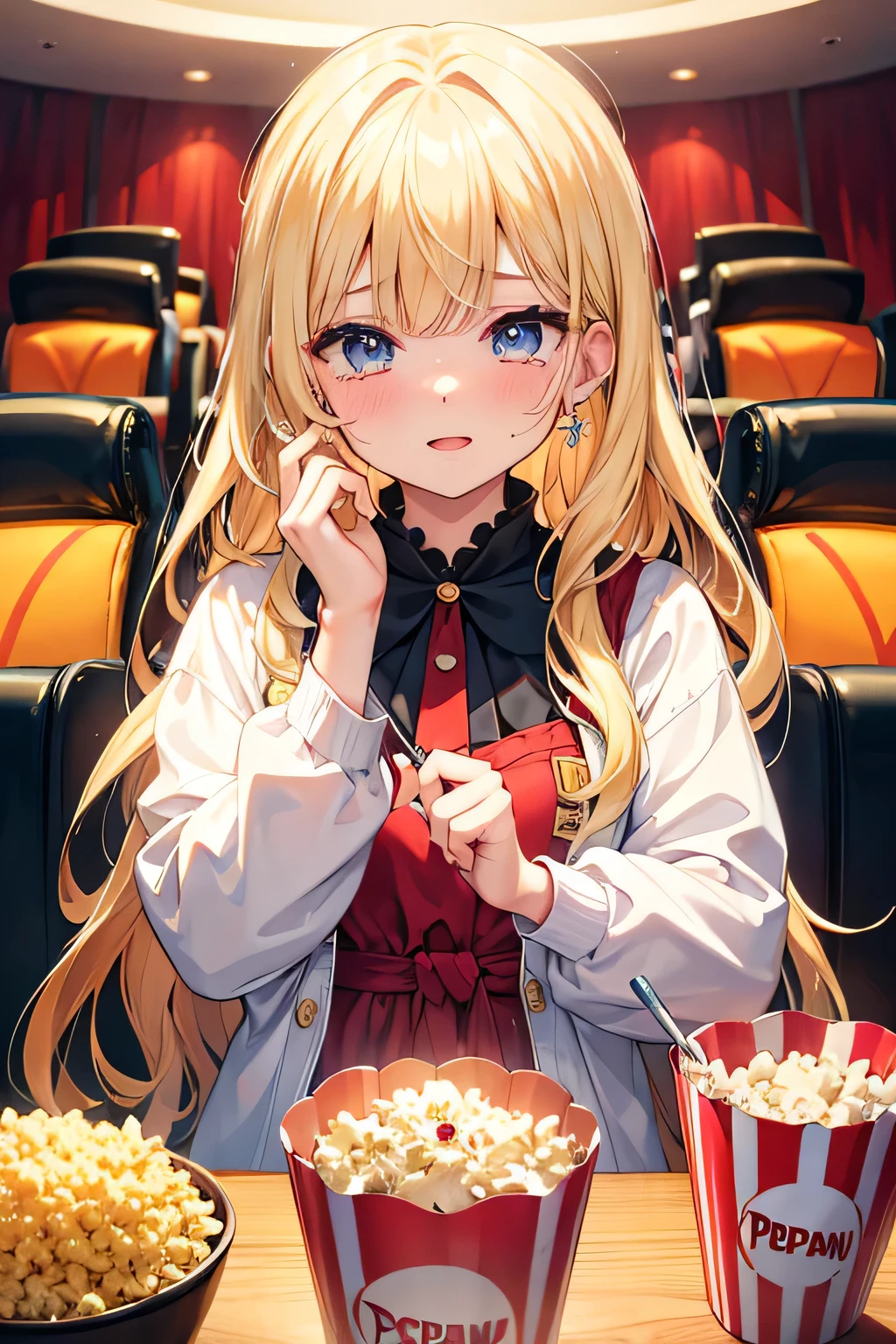 ((highest quality)), ((masterpiece)), (detailed), One girl, 8K、movie theatre、Straight Hair、blonde、cry、tears、Popcorn、juice、Hair doesn't stick out、Anatomically correct、Angle from the side、