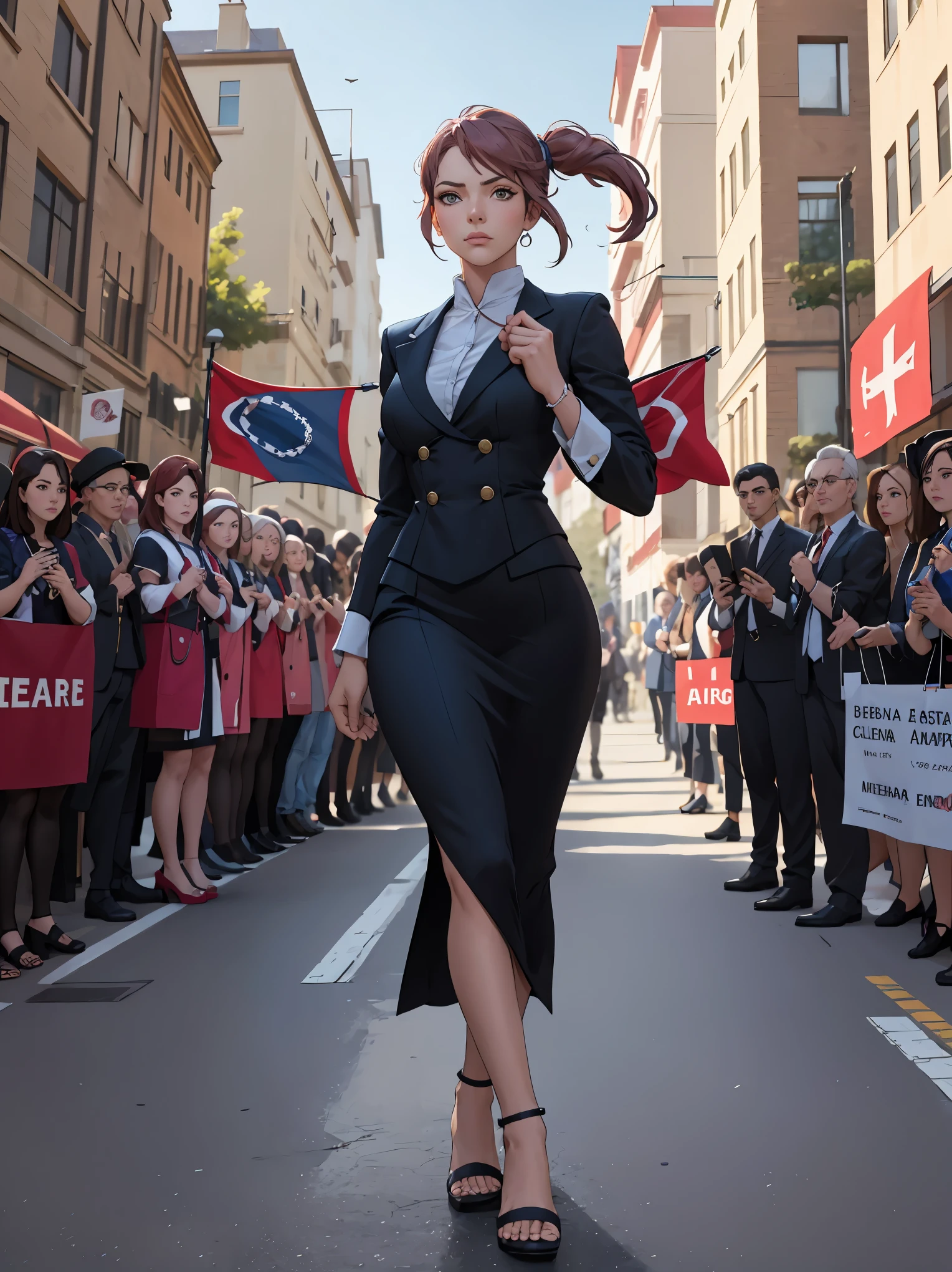 Create an anime-style illustration of a young woman dressed in a black formal suit, incluyendo un vestido, medias y tacones altos. La mujer debe estar sosteniendo una bandera grande y clara con un emblema colorido. Lleva una medalla azul colgada al cuello y tiene el cabello largo recogido. La escena debe representar un desfile o ceremonia al aire libre, con edificios de fondo y otras personas vestidas formalmente presentes. Make sure the woman is in the same pose as in the photo, walking and holding the flag with a serious and concentrated expression."