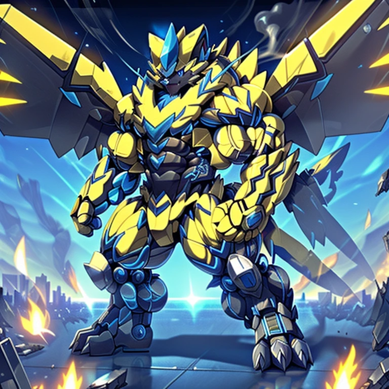 (dominating zeraora. Zeraora is over 1000 meters long. giant mechanical Muscular Zeraora is trampling the city. Looking down. macro. stomp) 
(smoke and flames rising from the destruction in the city)

Additional details 1: (masterpiece. official art. 8k. best quality) (high-tech bio-mecha armor. real texture material. whole body shines like metal. Wearing cyberpunk mecha. emphasizes the muscles. suit fully made of metal. intricate armor. Robotic suit. suit fully made of metal. cyborg. Powered exoskeleton with the same design as Zeraora). 

Additional details 2: (gigantic muscles. HYPER MUSCLES. Gigachad Muscular. big muscle. pecs. triceps. traps. unusually developed muscular body. body full of huge muscles. showing off muscles. pectorales enormes. Exaggeratedly huge muscles.). 

Additional details 3: (Spread wings. It has wings. have big wings. golden wings). 

Additional details 4: (giant zeraora. Zeraora's giant robot. ). gundam.