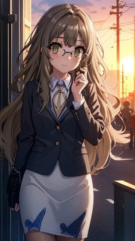 riofutaba, rio futaba, long hair, brown hair, (brown eyes:1.5), Glasses,smile,blush,
, OL,Braid, end, black suit jacket, collared jacket, white dress shirt, collared shirt, neckline, button, strap, ID card on the neck, black pencil skirt, black pantyhose, stiletto heels,business bag,smile, blush, looking at the viewer,sunset,Evening break outdoors, In town,building street,
break looking at viewer, (cowboy shot:1.5),
break (masterpiece:1.2), highest quality, High resolution, unity 8k wallpaper, (figure:0.8), (detailed and beautiful eyes:1.6), highly detailed face, perfect lighting, Very detailed CG, (perfect hands, perfect anatomy),