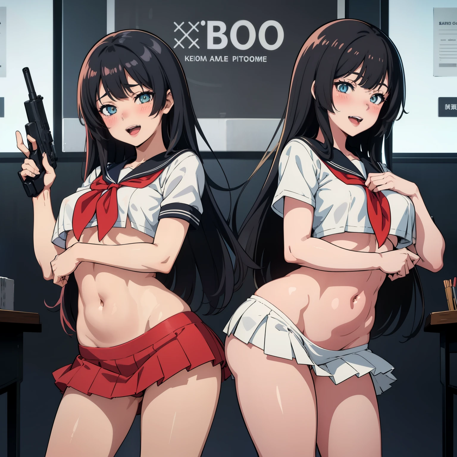 2girl, two girl, long hair, standing, blush, lipstick, masterpiece, best quality, highly detailed, a anime girls in sailor uniforms with a gun posing for a picture,
evil smile, smile, open mouth,black_serafuku, ecchi anime style, anime girls , (nsfw) not safe for work,
ecchi style, ecchi, shipgirls, digital anime art!!, high school girls, holding a gun, hold a gun, anime style 4
k, micro skirt, exposed belly, exposed navel, exposed midriff,
exposed lower belly,school, classroom, 