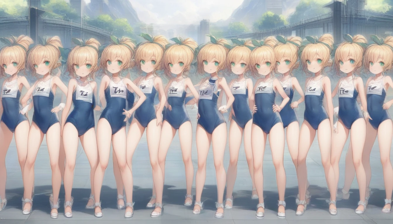 Short stature,flat chest, clone girls, blond hair, green eyes,roll(mega man classic) clones,swimsuit roll(mega man x dive old design) clones,high ponytail hair,Sleeveless navy one piece old type school swimsuit with white stripes from armpit to flank,white name tag, navy heeled sandals, green ribbon,human appearance,same height,same appearance, same face,fill the entire image, absolutely everyone, many clone, masterpiece, best quality,insanely detailed, 20000+ clone girls, perfect features,multiple clone girls,same school swimsuit,same hair,official art