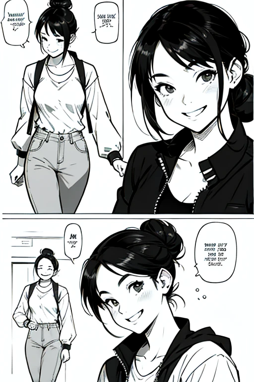 Girl with black hair in a bun smiling and laughing, manga page with panels and dialogue 