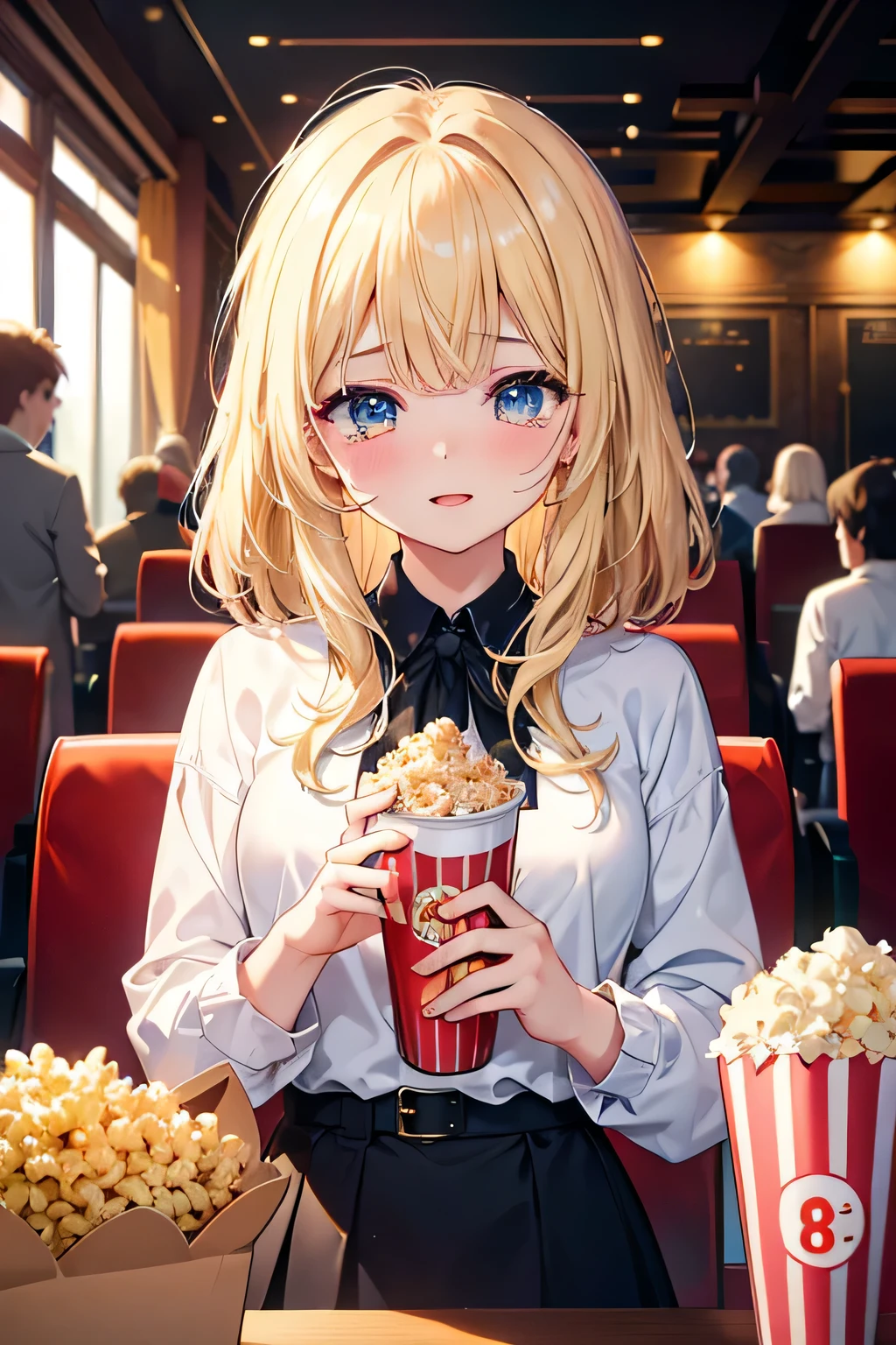 ((highest quality)), ((masterpiece)), (detailed), One girl, 8K、movie theatre、Straight Hair、blonde、cry、tears、Popcorn、juice、Hair doesn't stick out、Anatomically correct、