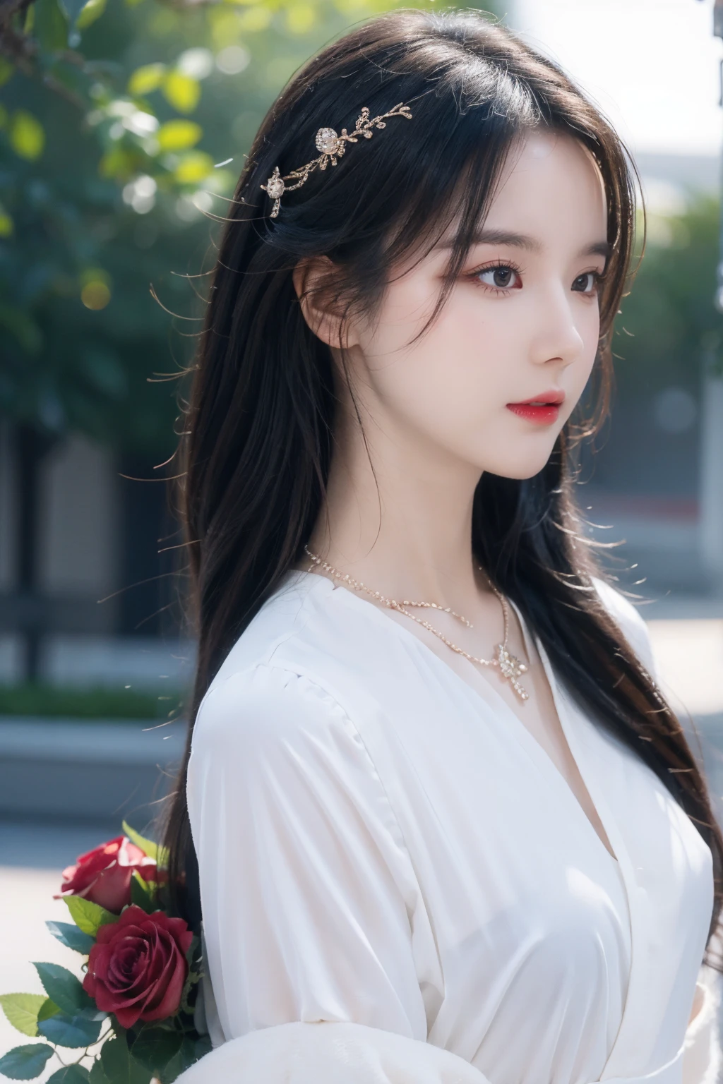 best quality, masterpiece, high resolution, Wuxia 1girl,blush,(seductive smile:0.8),star shaped pupils,china hanfu,hair accessories,necklace, jewelry,pretty face,above_Body, Tyndall effect,lifelike, dark studio, edge lighting, two color lights,(High detail skin:1.2), 8K Ultra HD, SLR camera, soft light, high quality, Volumetric lighting, frank, photo, high resolution, 4K, 8k, Bokeh,surrounded by flowing roses
