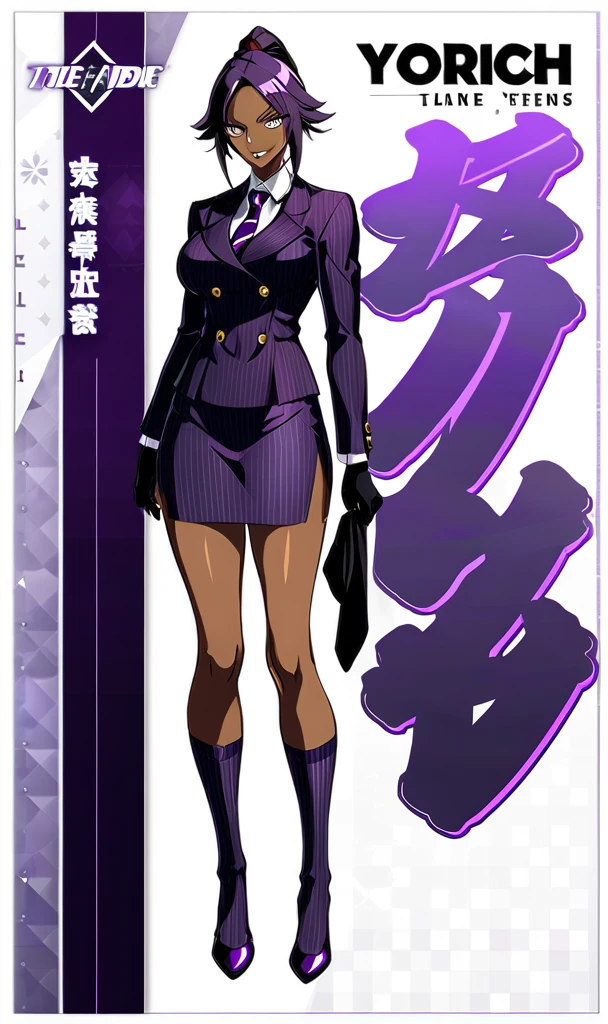  Full body Yoruichi as a thin Black business woman in a double breasted pinstripe purple  skirt suit while wearing a tie with a knee long purple pinstripe skirt and with purple knee socks with purple heels full art 