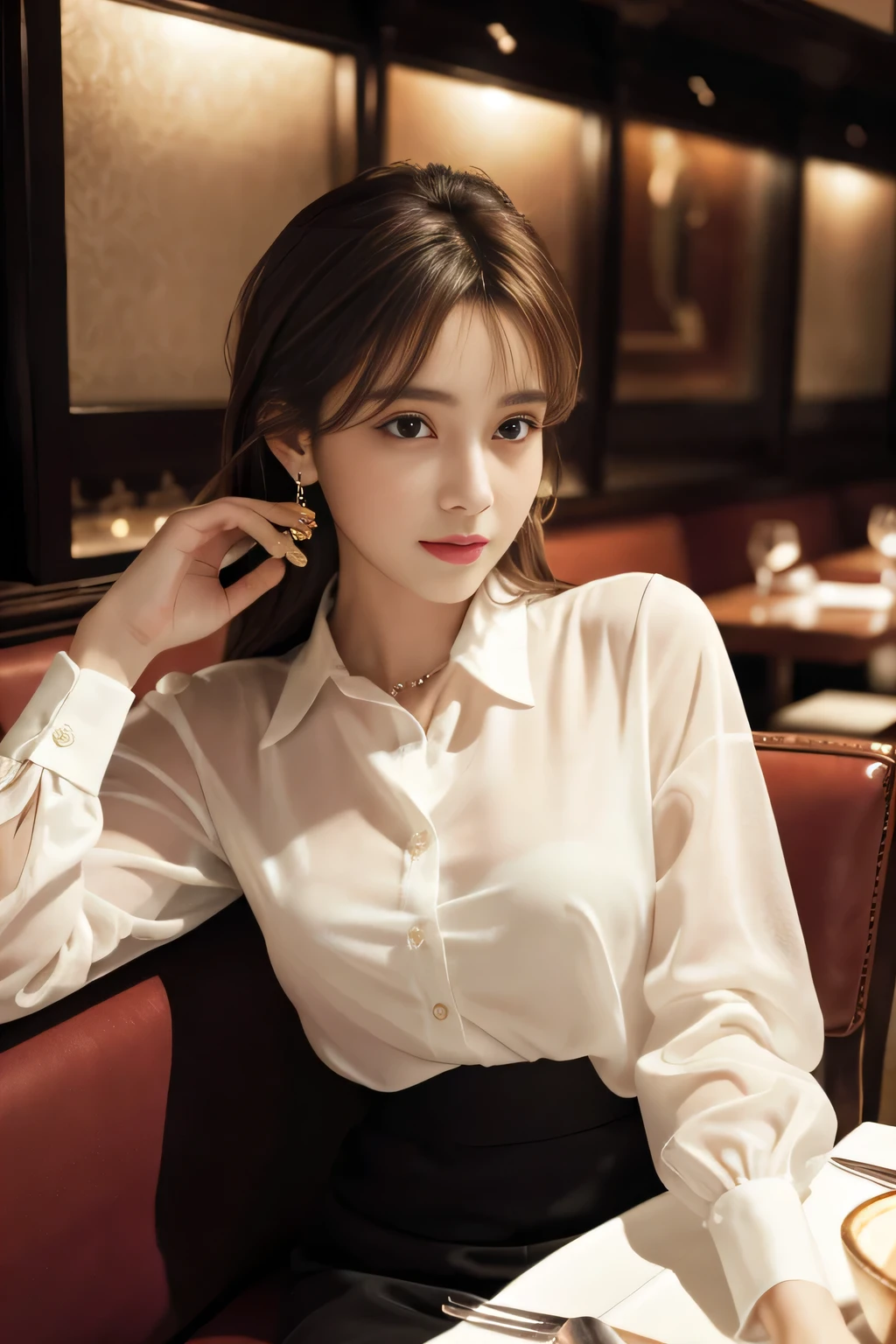 masterpiece, highest quality, Realistic, Very detailed, Finer details, High resolution, 8k wallpaper, One beautiful woman, Wear an elegant see-through shirt, In a great restaurant, At night, Light brown messy hair, Perfect dynamic composition, Beautiful and beautiful eyes、Big earrings、Sitting in a chair、