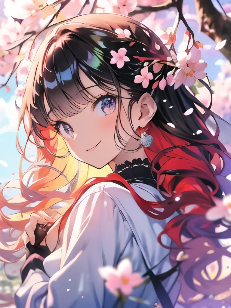 Masterpiece、smile、Anime Girls, Red Hair、可愛いAnime Girls、smile、((cherry blossoms))、たくさんのcherry blossomsフラクタルアート、Gwaiz、Garden、Flower Garden