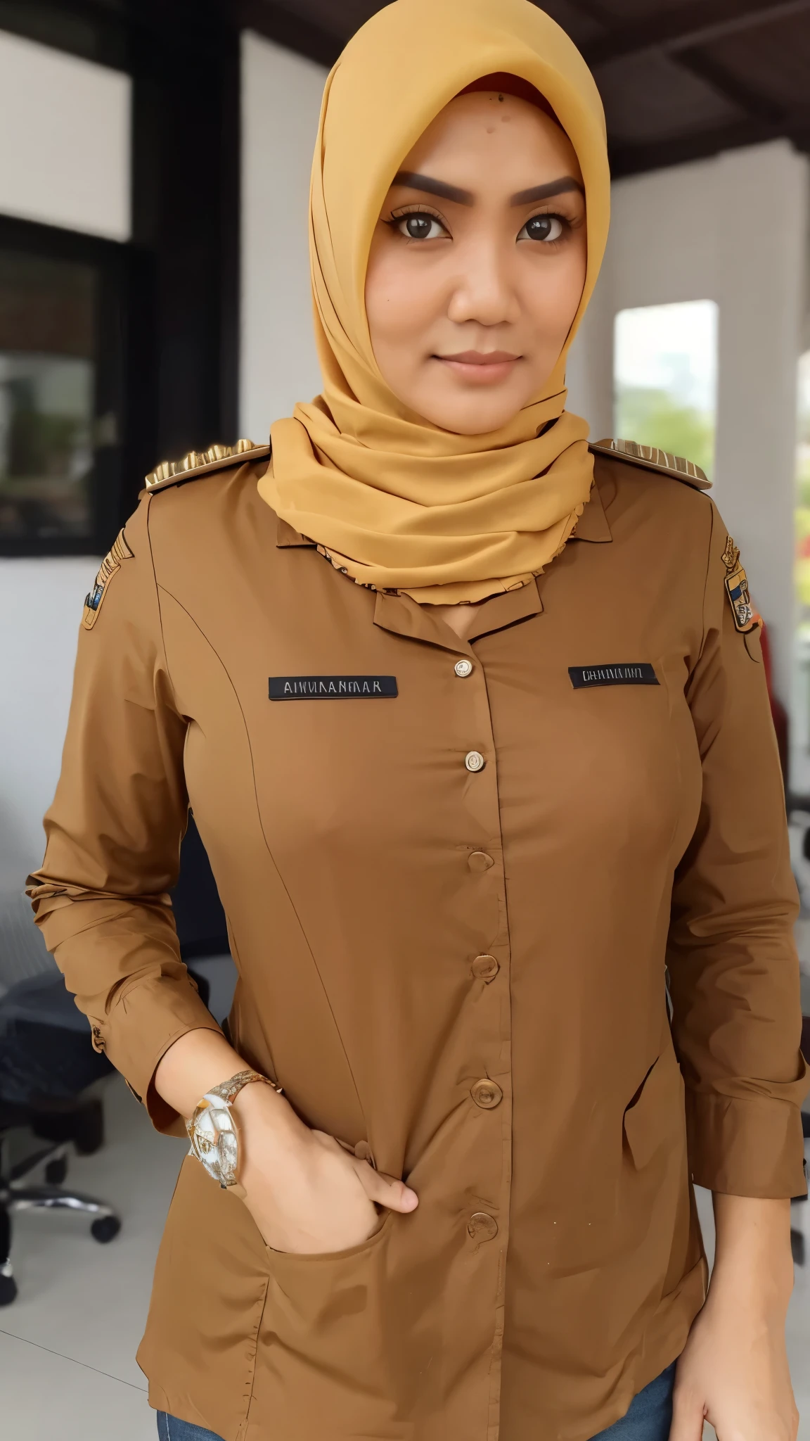 Hijab,upper body,Best Quality, 8k, 32k, Masterpiece, UHD:1.3),1 Girl, (outdoor), Abs, Perfect Body, Ultra Detailed Face, Detailed Lips, Ultra Detailed face, Fine Eyes, double eyelids,((brown shirt)) (REALISTIC) ,((goddess face)) ,(((shirt))),((huge breasts)),(shirt),spread legs, face,PNS,nameset,(nameset),closed arms