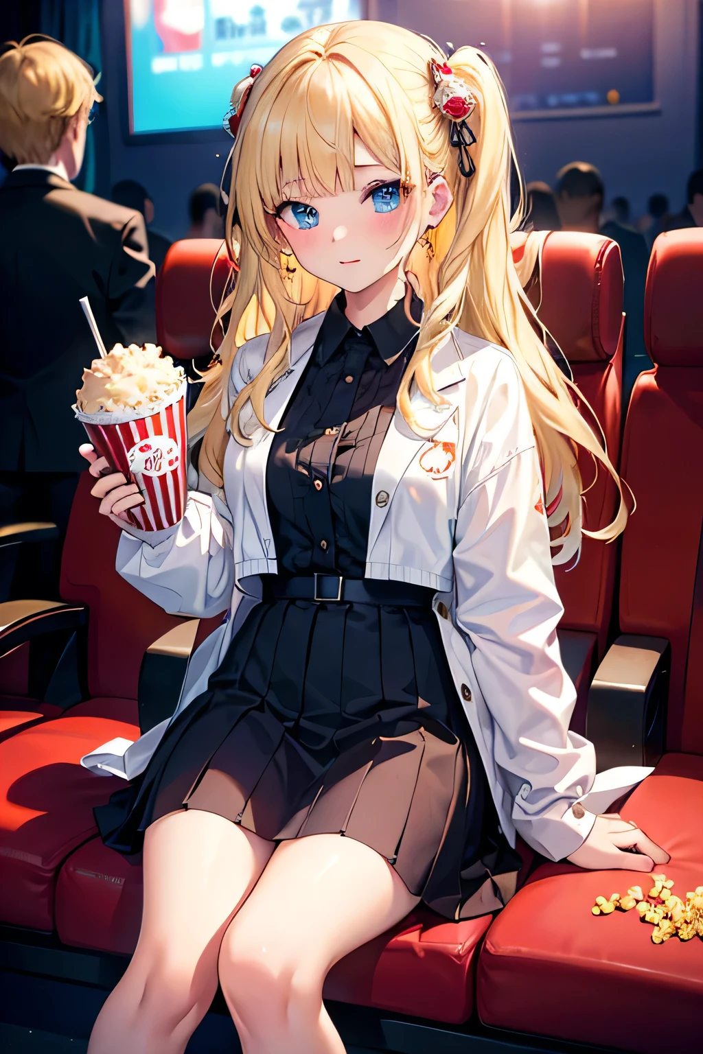 ((highest quality)), ((masterpiece)), (detailed), One girl, 8K、movie theatre、Straight Hair、blonde、cry、Popcorn、juice、Hair doesn&#39;t stick out、Anatomically correct、