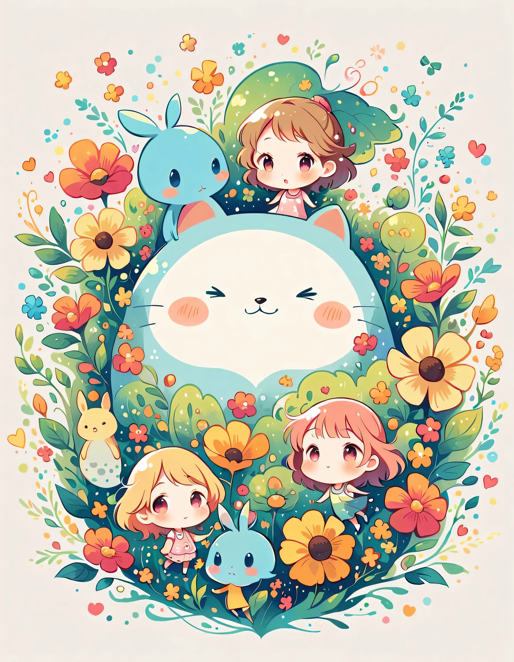 Watase Seizo style、The most beautiful girl of all time、Lips in Love、Colorful flowers、Simple line initials、Abstract art、(((chibi))), Colorful and cute alien, Totoro Forest
