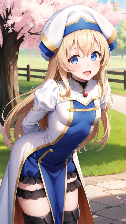 masterpiece, best quality, highres, aapri, long hair, white headwear, small breasts, white dress, puffy sleeves, long sleeves, pelvic curtain, thighhighs, thigh boots, arms behind back, smile, open mouth, standing, cowboy shot, leaning forward, bent over, outdoors, cherry blossoms