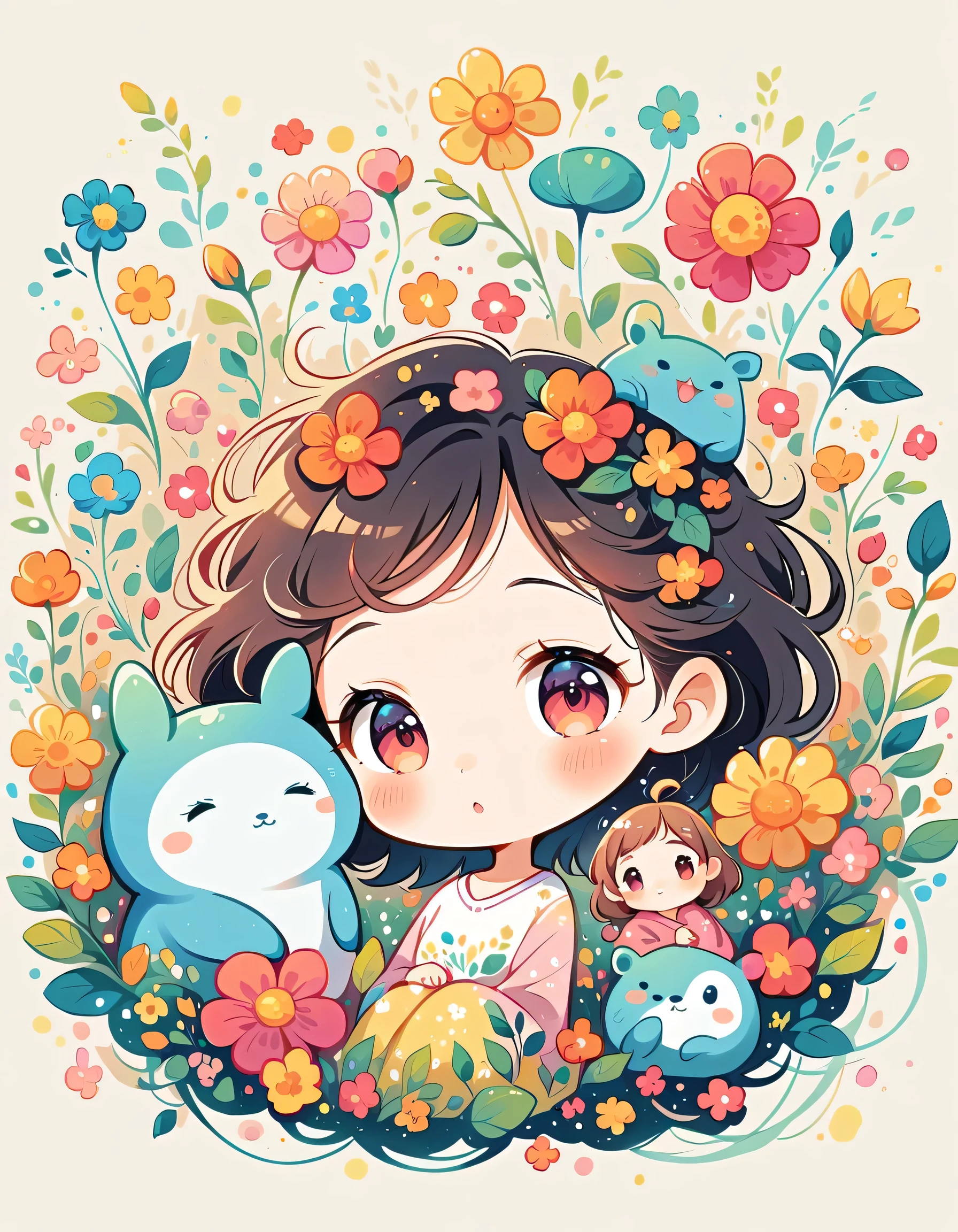 Watase Seizo style、The most beautiful girl of all time、Lips in Love、Colorful flowers、Simple line initials、Abstract art、(((chibi))), Colorful and cute alien, Totoro Forest