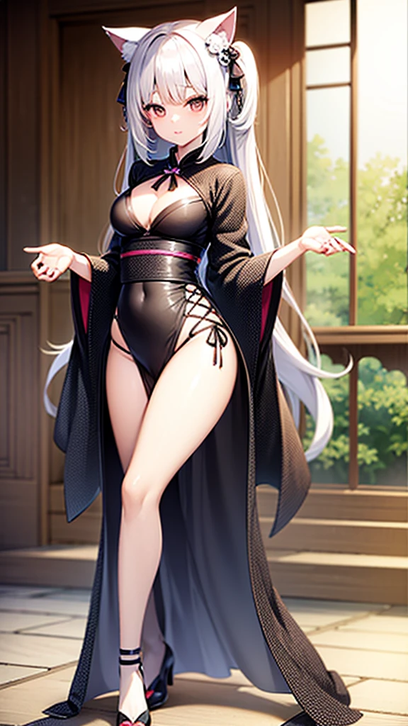 White haired girl with cat ears、anime、One woman、Black Ribbon、kimono、kimono、Bob Hair、anime tone、beautiful girl