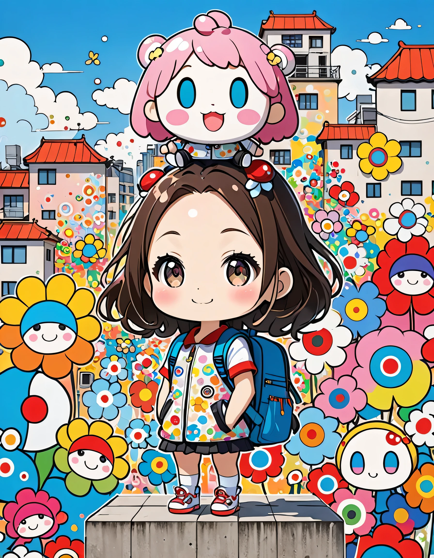 Takashi Murakami style, Standing in front of a high wall，Girl with backpack on rooftop，My backpack is full of happy spring，Simple Line Initialism，Abstract art，Urban Background, (((The most beautiful girl))), (((chibi)))