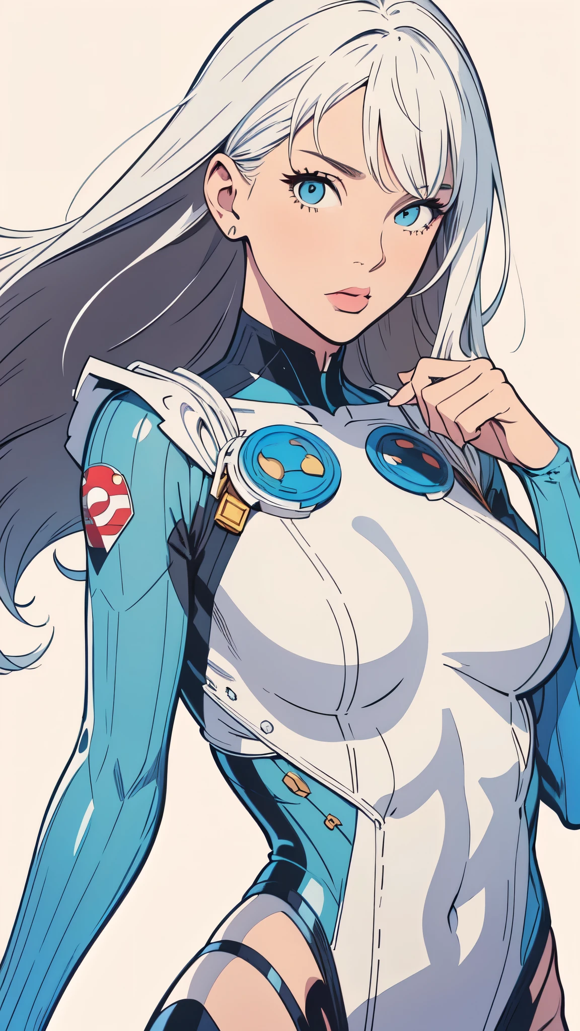 masterpiece,extremely beautiful woman,Excellent sense,(((perfect very white background))),American Comics,(((The Perfect One Woman))),(((one person))),colorful,Highly detailed perfect upper body,highly detailed face,near future,SF,