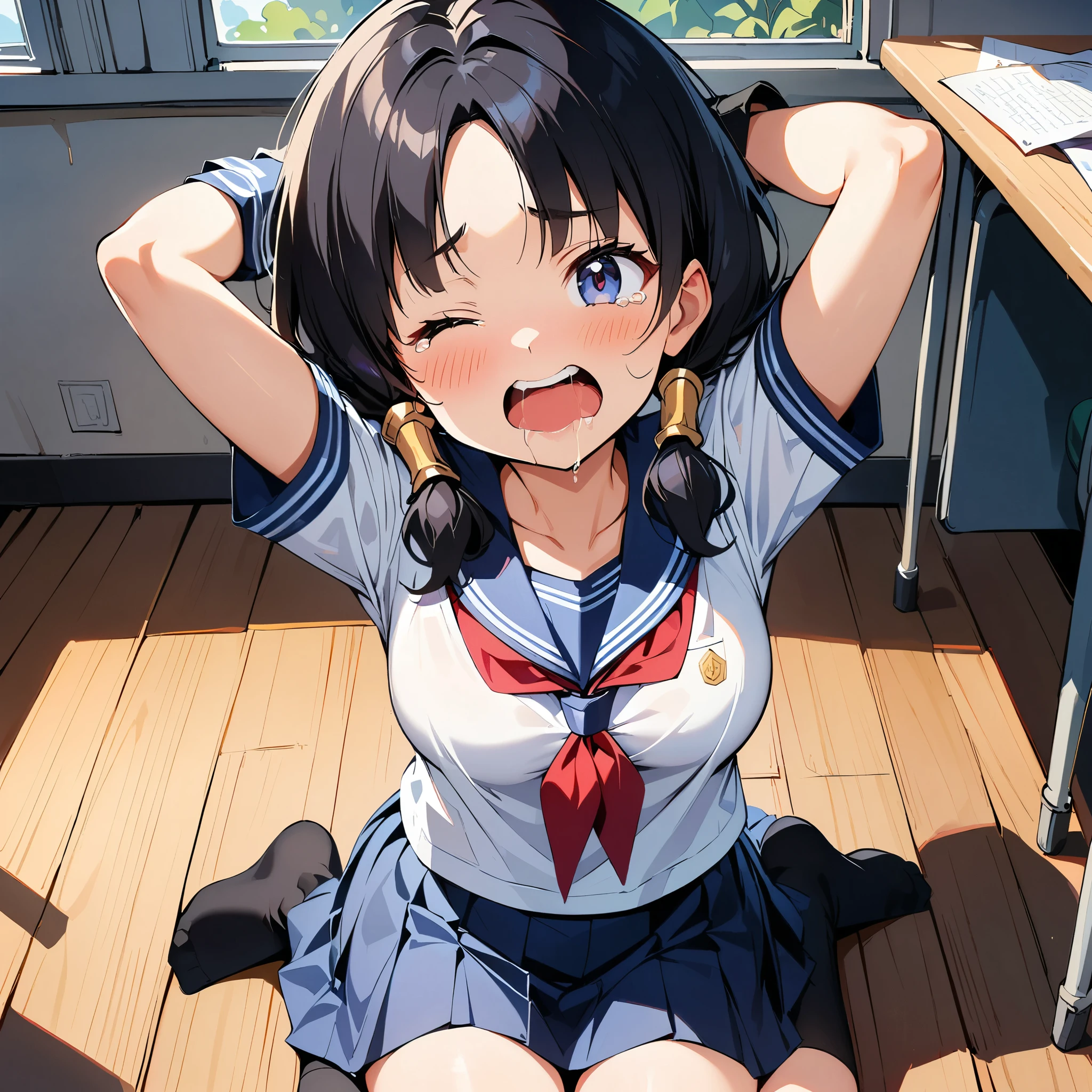 One girl, highest quality, Super detailed, masterpiece, Ultra-high resolution, 8k, Ridiculous, Cowboy Shooting, Focus on the girl, Embarrassing, blush, Lovely, Close one eye, With tears in her eyes and her mouth open, What saliva leaves behind, (arms behind head), (wariza), (sailor uniform), Sticky panties, White lace panties, Classroom Background, (Videl:1.2), The skirt is accidentally exposed,medium breasts, Accidentally exposed panties, Absolute area, Black knee socks,cleavage, from above