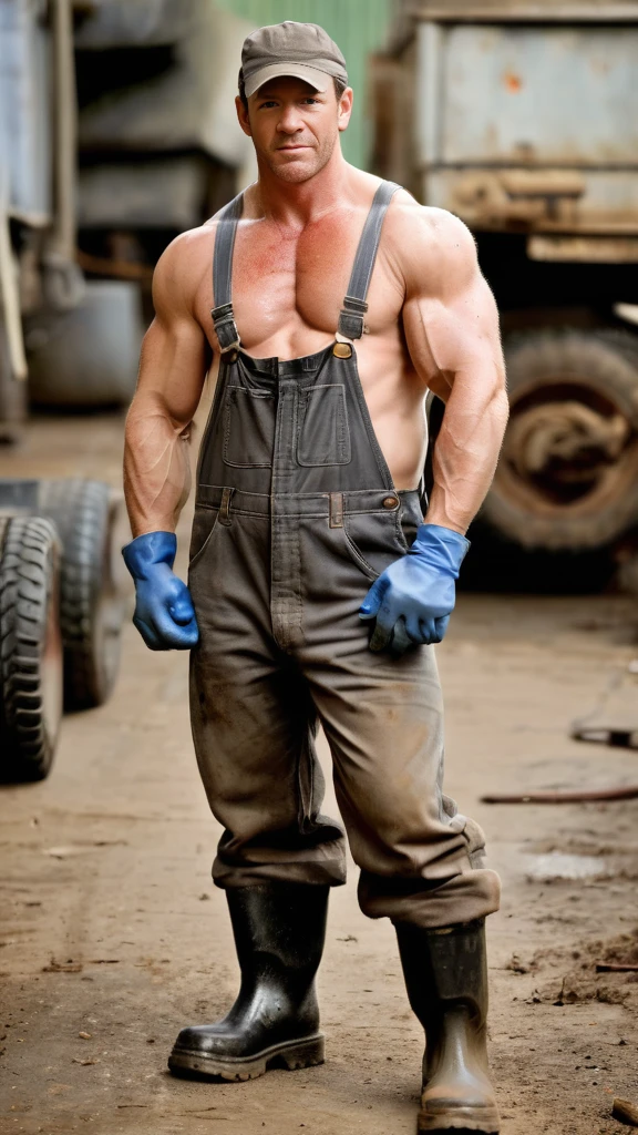 One dirty sweaty mechanic, dirty, workgear, wearing overalls ,and caps and boots, rubber boots, dielectric gloves, big biceps, vpl, bulge, masculinity, blurred background.
