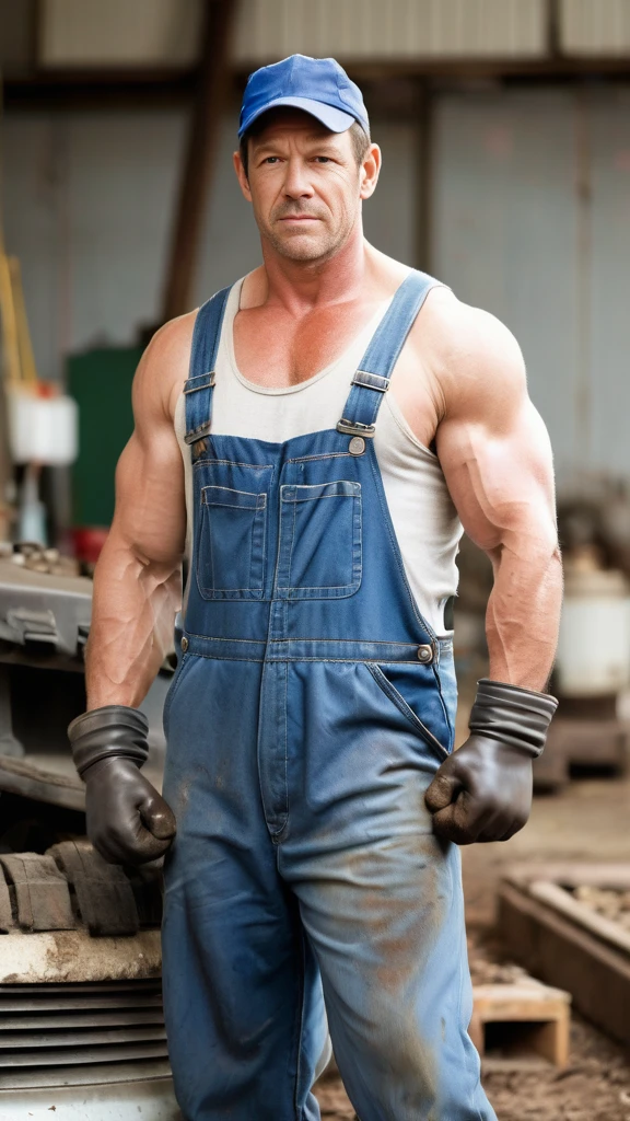 One  dirty sweaty mechanic, dirty, workgear, wearing overalls ,and caps and  boots, rubber boots, dielectric gloves, big biceps, vpl, bulge, masculinity,   blurred background.