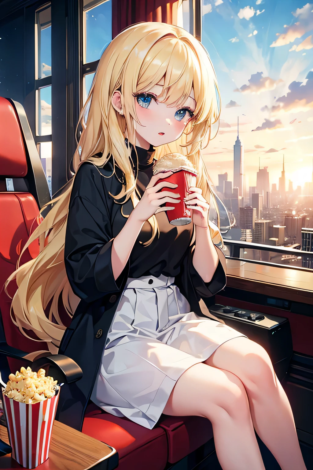 ((highest quality)), ((masterpiece)), (detailed), One girl, 8K、movie theatre、Straight Hair、blonde、cry、Popcorn、juice、Hair doesn't stick out、Anatomically correct、