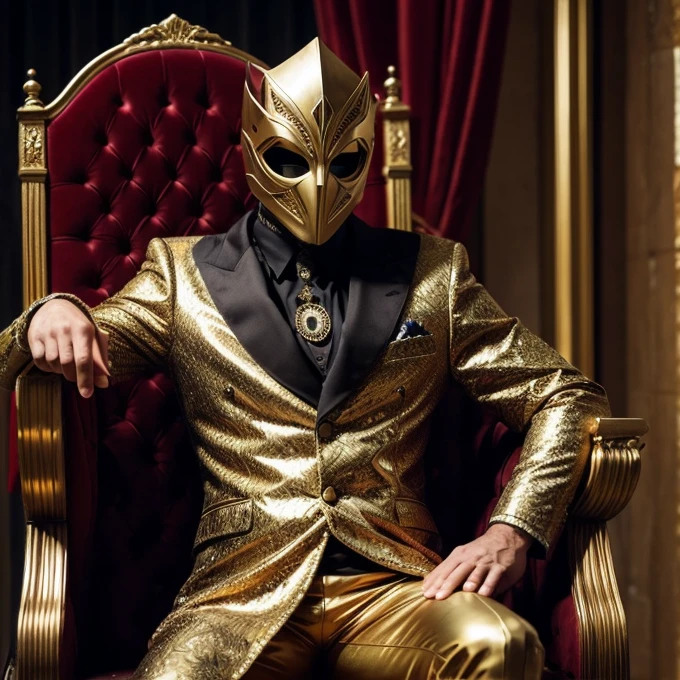 A man in a mask sits on a throne, around him is full of riches 