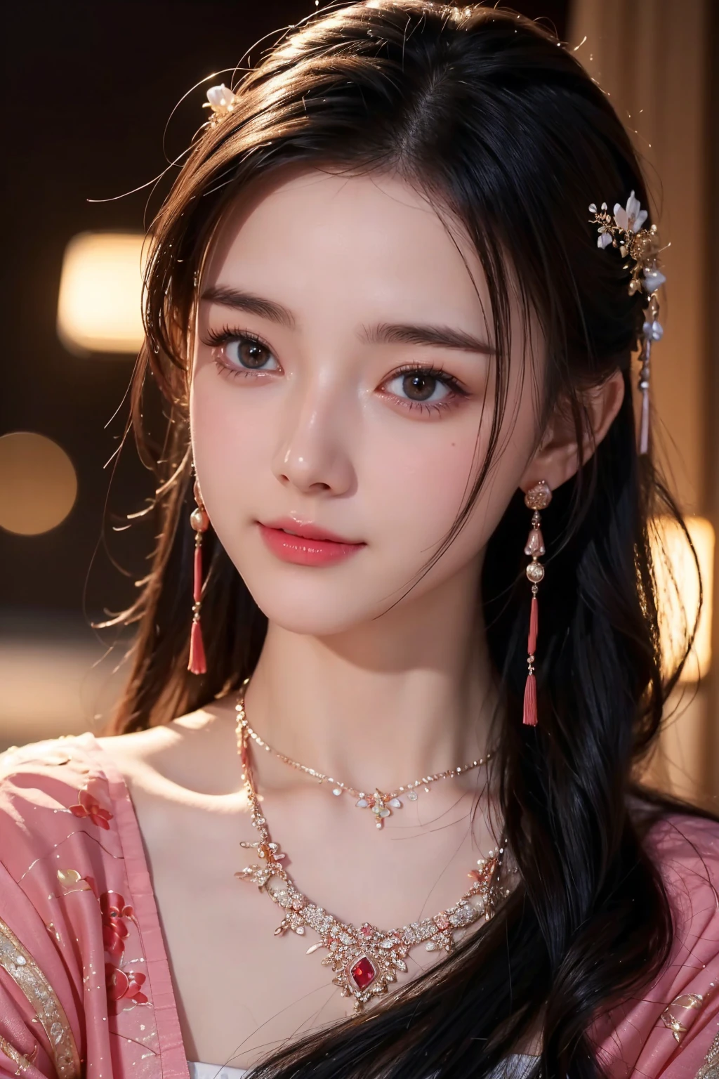 best quality, masterpiece, high resolution, Wuxia 1girl,blush,(seductive smile:0.8),star shaped pupils,china hanfu,hair accessories,necklace, jewelry,pretty face,above_Body, Tyndall effect,lifelike, dark studio, edge lighting, two color lights,(High detail skin:1.2), 8K Ultra HD, SLR camera, soft light, high quality, Volumetric lighting, frank, photo, high resolution, 4K, 8k, Bokeh,surrounded by flowing roses