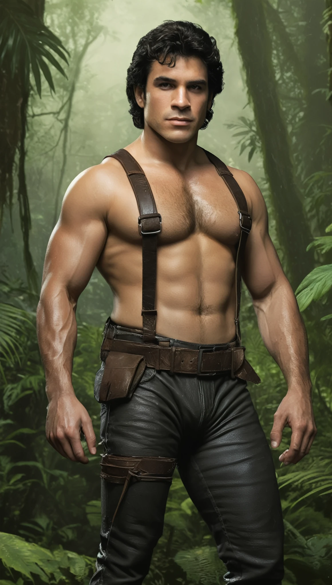 An illustrated movie poster, hand-drawn, full color, a explorer man, 25 years-old, wearing a leather harness and patched trousers, resembles a young Lou Ferrigno, sun-tanned skin, round face, average height, broad shoulders, soft belly, slightly chubby, deep brown eyes, wide bulbous nose, black hair, curly taper fade, thick bushy eyebrows, extremely hairy chest, stomach, and arms, lots of body hair, posing in a rainforest, wet listening skin, hard shadows, graphite shading, stencil marks, airbrushed acrylic paint, masterpiece, in the style of Skyrim