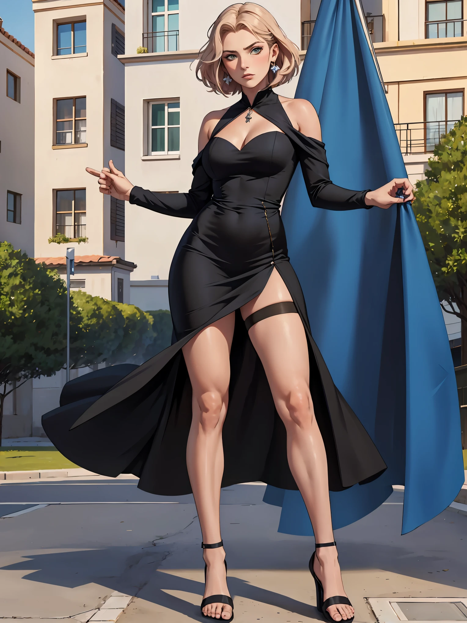((formal outfit))((black dress))((black stockings))((holding a large flag)) Obra maestra, La mejor calidad en el mejor de los casos, Una mujer joven con cabello largo recogido, serious expression, llevando una medalla azul colgada al cuello, en una ceremonia al aire libre con edificios de fondo, traje formal negro, medias negras, tacones altos, sosteniendo una bandera con ambas manos, rodeada de otras personas vestidas formalmente, en la misma pose y con la misma ropa que en la imagen de referencia. View from front, full body.