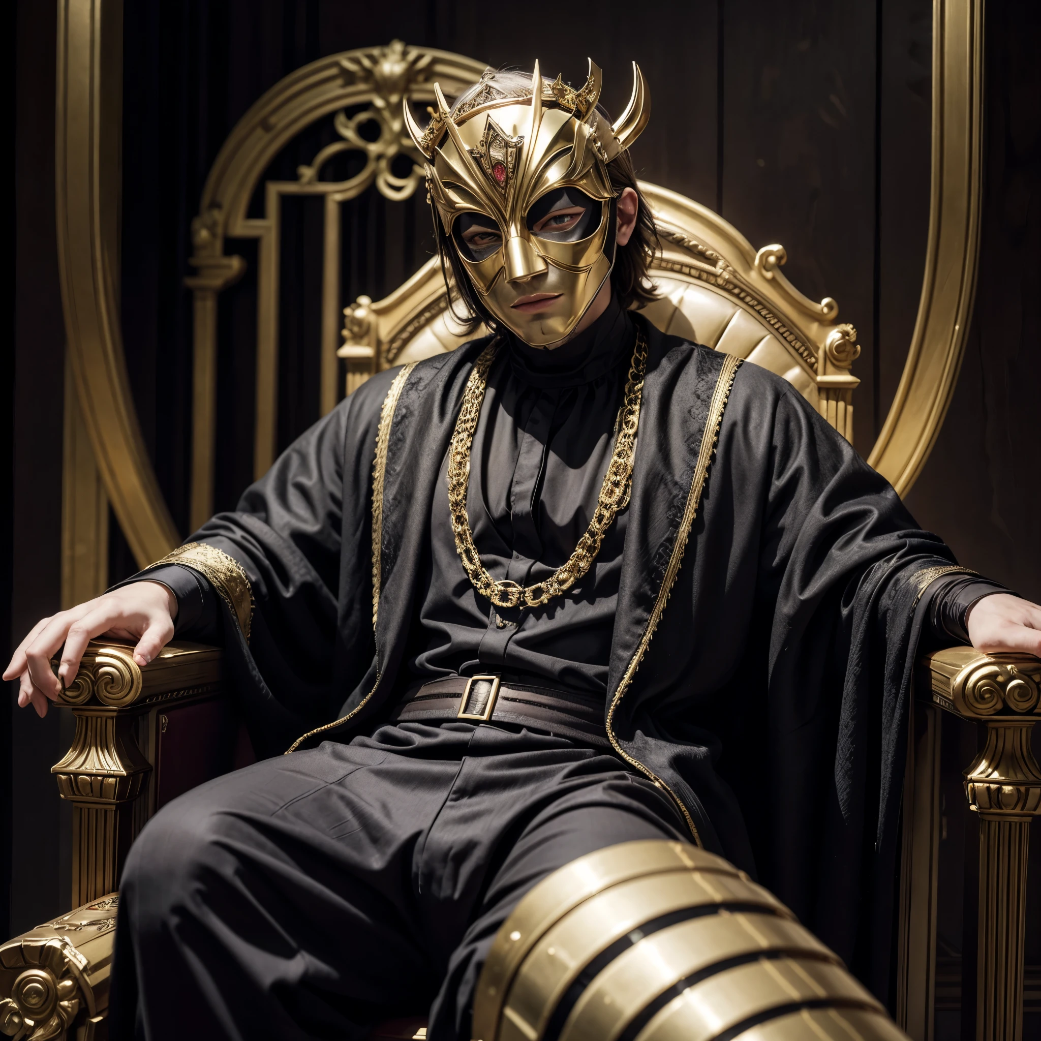 A man in a mask sits on a throne, around him is full of riches