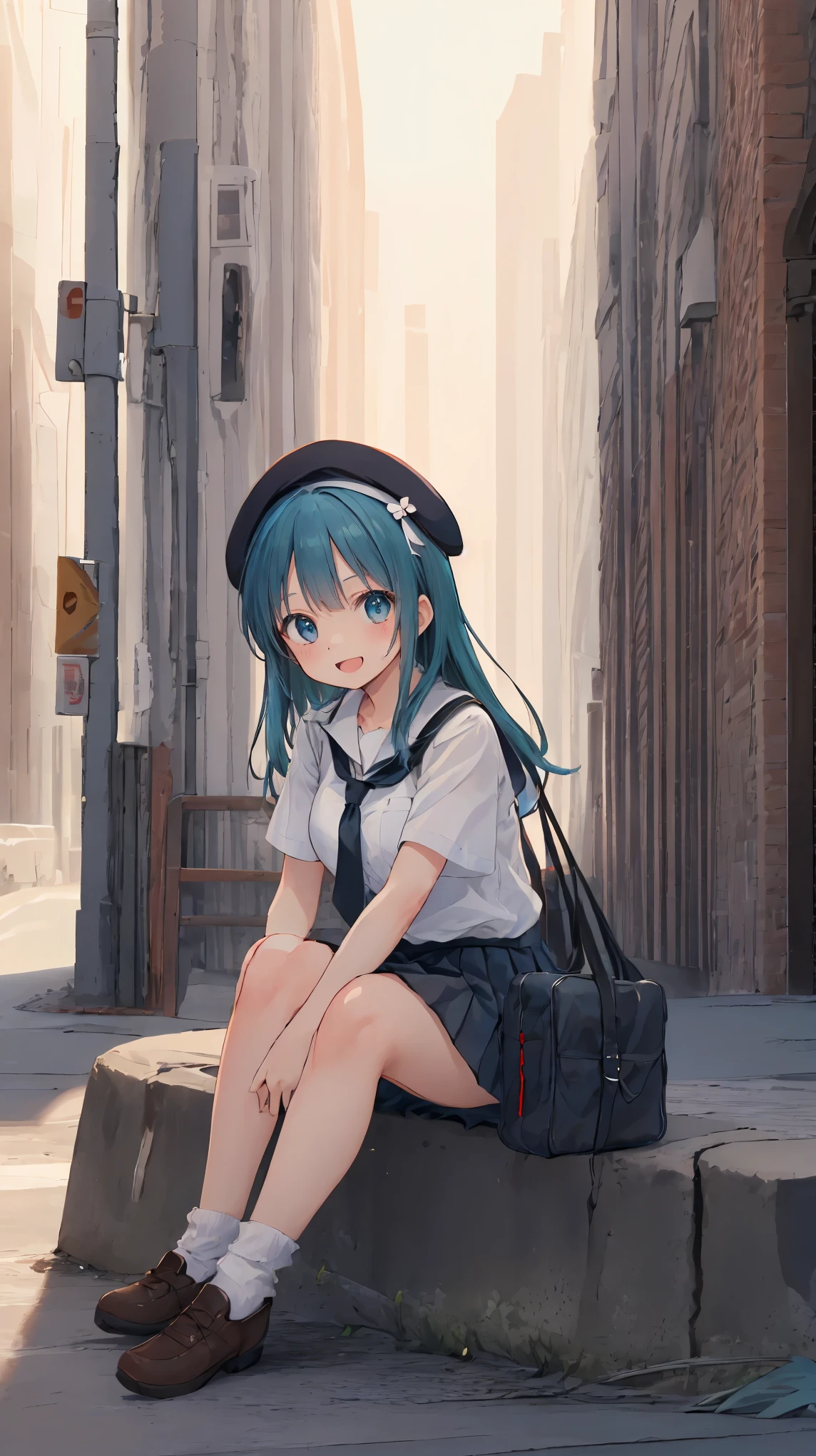 (masterpiece, highest quality), High resolution, Detailed face:1.2, (anime_style:1.2), Sharpness, 4K, A woman taking a photo, happy smile, Panic face, upset, Open your mouth, Long Hair, Green Hair, Straight hair, Fine skin, Beautiful Hands, Beautiful fingers, Wearing a beret, tie, Short sleeve blouse, Pleated skirt, school bag, Thighs, Absolute area, Knee socks, hand between legs, Hot summer day, School, Schoolyard, Sitting on a bench, holding Canned juice, Natural light, Sharp focus, Hasselblad Photography, Cinema Lighting, whole body, Canned juice,