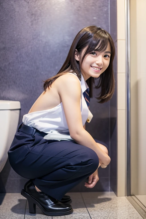 Highest quality, masterpiece, Ultra-high resolution, Japanese , high school, , bathroom, skirt lift, small breasts,  show off pussy, under a wet transparent white shirt, a wet transparent light blue mini skirt , touch pussy, pussy juice, masturbation , conversation, smile,