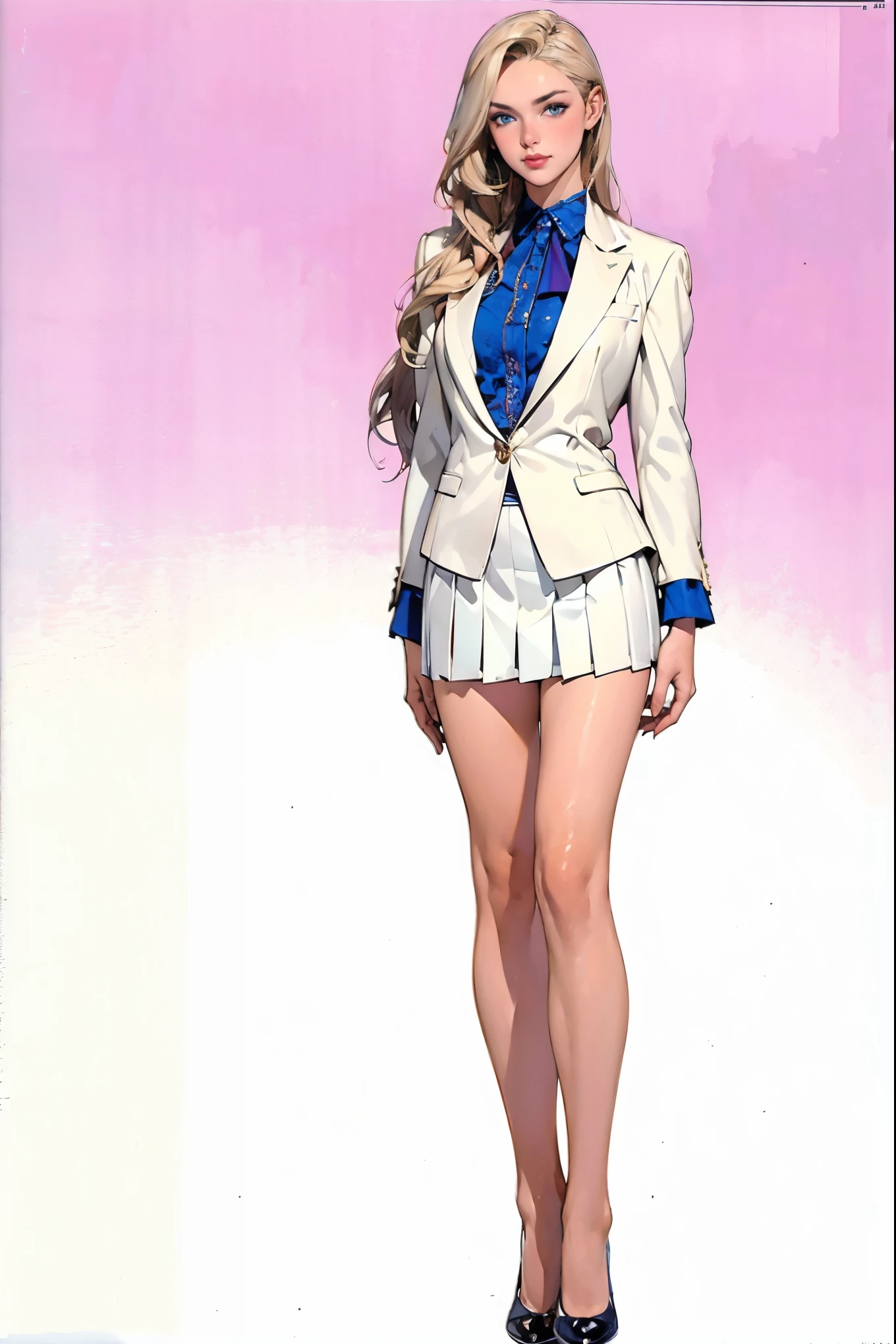 ((masterpiece,best quality,8k,highres)),((character concept art)), 1 female, young adult female, Anastasia Volkova, 18 years old, 175cm, (long, platinum blonde hair), platinum blonde hair, (fair skin colour), ultra finely detailed eyes (blue eyes colour), dazzling, graceful, confident, perfect body build ((slim)), ((intricate detail)), super finely detailed hands, ultra finely detailed fingers(((ten fingers))), wearing pink blazer jacket white shirt and white pencil pleated skirt, (standing with grace), ((full body showcase)), (show full body), (no logos on background), (no logo), ((plain background)), ((plain background)), (((empty background)))